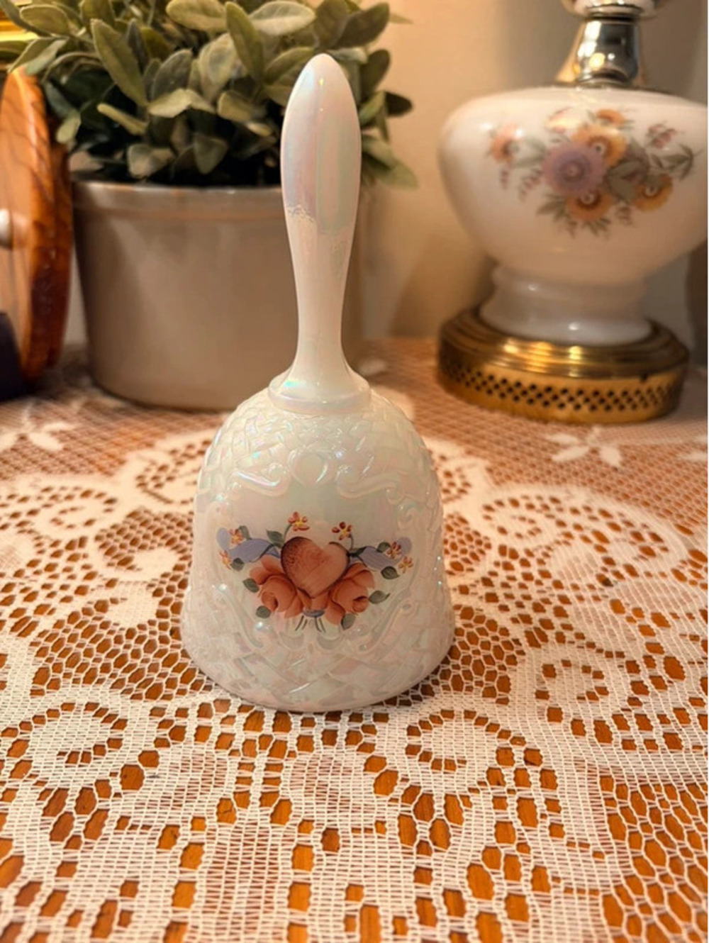 Vintage Fenton Pearlescent Hand Painted Floral Heart Bell Signed D. Barbour